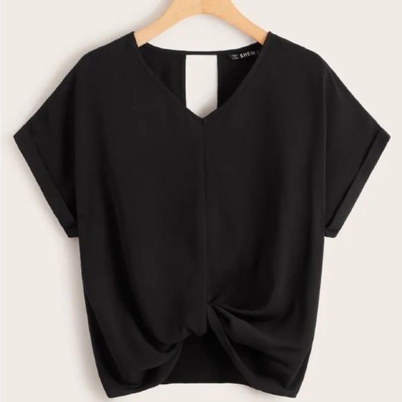 Shein Tops - 💐 Black Twist Front Blouse Women’s Size Large Short Sleeve Top